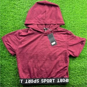 C-Mode Women’s Crop Hoodie Top L Burgundy Short Sleeve Sport Hem NWT Activewear